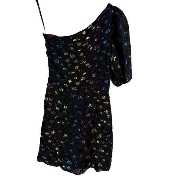 Shoshanna Ronnie Starry Night Black Rainbow Metallic Star One Shoulder Dress  6 - Picture 13 of 16